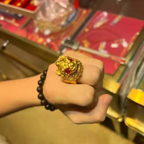 luxury real gold jewelry 24k certifid green lion general ring men's 999 pure gold beast curly grass 