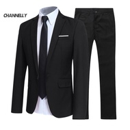 channelly 1 Set Men Jacket Pants Solid Color Turndown Collar Slim Fit Business Suit Set Plus Size Groom Blazer Trousers for Wedding Office