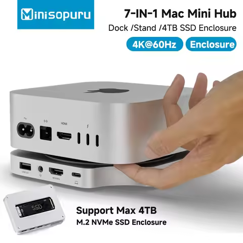 Minisopuru Mac Mini M4 Hub Dock with 4TB M.2 NVMe SSD Enclosure, 4K@60 HDMI for Mac Mini M4 /M4 Pro