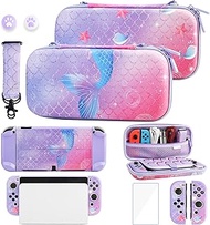 GLDRAM Purple Carrying Case Compatible with Nintendo Switch OLED, Cute Mermaid Tail Case Bundle with Travel Case, Hard PC Shell, Screen Protector, Thumb Caps, Shoulder Strap, Accessories Kit for Girls
