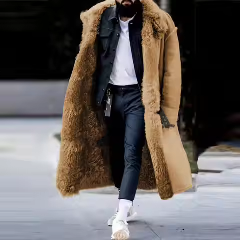 2024 Winter Men Long Plush Lined Jacket Autumn Plush Thick Coats Trendy Winter Overcoat Faux Fur Fau