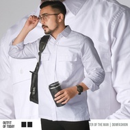 DGM Kemeja Pria Polos Double Pocket Lengan Panjang Putih Workshirt Kemeja Kerja 024 D