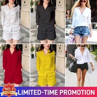 Solid Color Cardigan and Shorts Casual Two-Piece Set for Women's Leisure Time