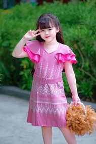 เดรสผ้าฝ้าย+เข็มขัด เดรสชุดไทย ชุดไทยเดรส ชุดไทยเด็กสีชมพู เดรสชุดไทยเด็ก เดรสผ้าไทย