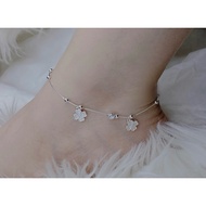 Double ball anklet (double chain) with smooth, real silver 4-leaf clover
