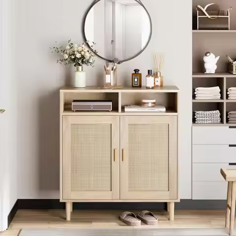Modern Farmhouse Rattan Buffet Sideboard Cabinet Luxury Beauty Elegant Storage Cabinet 63" Kitchen C