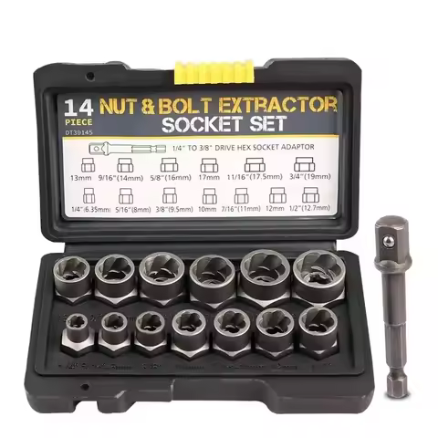 14PCs Bolt Extractor Set Bolt and Nut Remover Set 6mm to 10mm 13/32" to 3/4" CR-MO Steel Extraction 