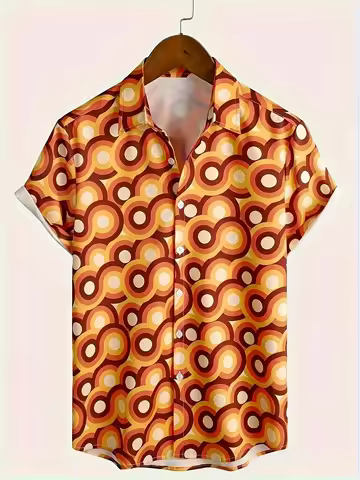 Men's Hawaiian Shirt 70s Retro Groovy Geometric Circle Print Short Sleeve Button Down Casual Aloha