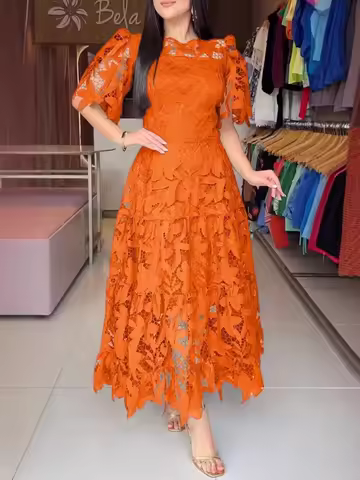 2025 Pink Wedding Guest Dress Bridal Shower Dress for Bride Midi Wedding Guest Dress Round Neck Lace