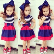 F1567 Style Girl Blue Stripe Top+ Skirt + headband 3pcs Girl Set (2y, 3y, 4y, 6y, 7y)