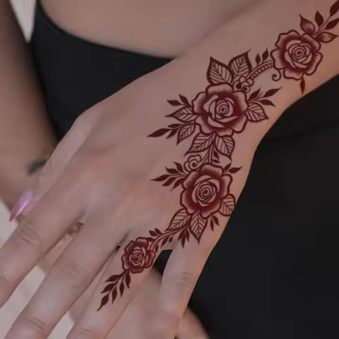 Red Rose Henna Temporary Tattoo Sticker, Hand-Painted Floral Design, Long-Lasting Party Body Art