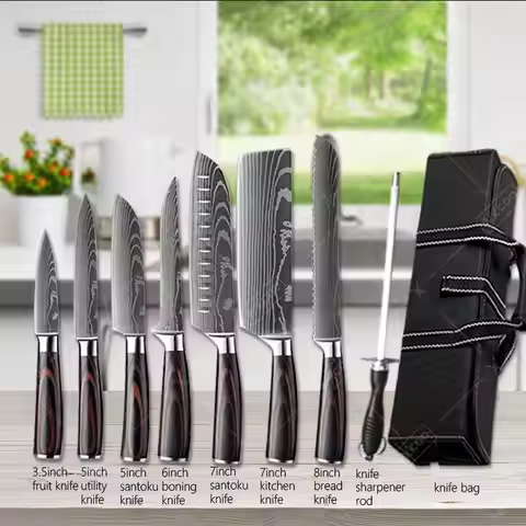 Damascus Steel Japanese Knife Set with Long Magnetic Knife Block Kitchen Knives VG10 Steel Meat Clea