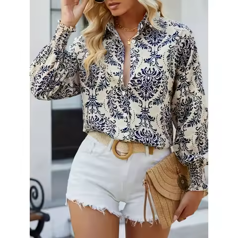 Plus Size 1XL-5XL Women's New New Print Women's Shirt Fashion Long Sleeve Elegant Women's Shirt Slim