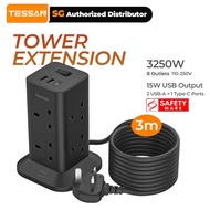 TESSAN - SG Safety Mark, 8 Outlet Tower Multi Plug Extension Cord with USB & Type C Surge Protector