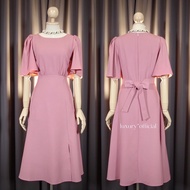 [พร้อมส่ง] [LUXURY707] VO8110 เดรสคอกลม ไหล่จับจีบแขนทรงกระดิ่ง