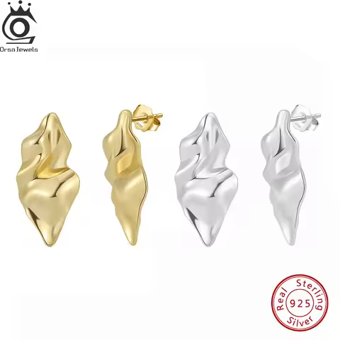 ORSA JEWELS Original Pure 14k Gold Leaf Shaped Stud Earrings Sterling Silver 925 Smooth Rhodium Ear 