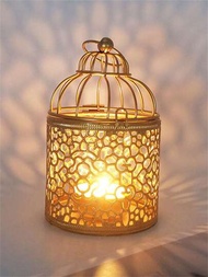 1個金色空心鳥籠燭台,燈罩,桌面裝飾,無免費蠟燭或燈油