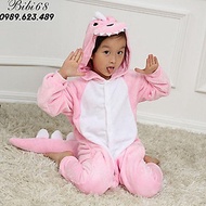 Bộ Đồ thú khủng long hồng liền thân lông mịn Pijama dành Cho Người Lớn và Trẻ Em kiểu dáng Động Vật 