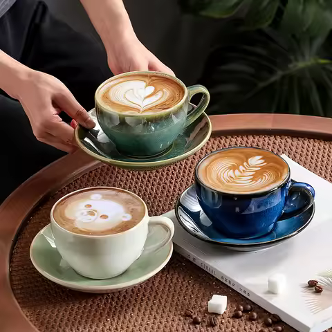 300ml Kiln Glaze Ceramic Cappuccino Latte Embossed Latte Art Cup Saucer Set Vintage Household Cafe C
