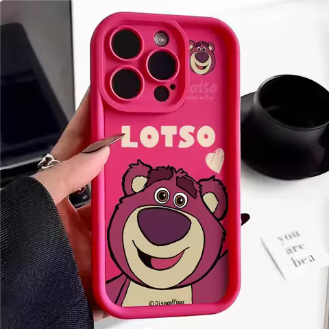 Lovely Lotso Pink Bear Cartoon Plain Phone Case For iPhone 16 15 14 13 12 11 Pro Max XR XS Max 7 8 P
