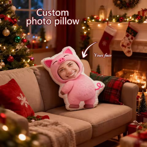 Upload Your Own Photos or Photos of Others to Customize a Pink Pig-Themed Pillow. Whether You Give I