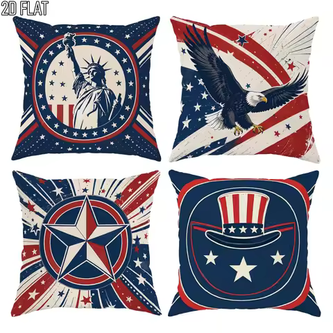 Vintage USA Patriotic Pillow Covers Set 4 Pcs American Flag Americana Throw Cushion Cases Decor 45x4