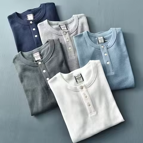Autumn New Long Sleeve Henry Collar Waffle Solid Color T-shirt Men's Fashion Simple 80% Cotton Washe