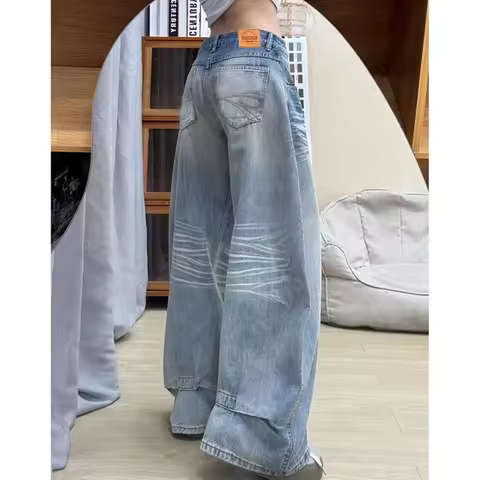 2026 Trendy Fashion Lady High Waist Jeans Korean Streetwear Girls Straight Leg Denim Trousers Lady B