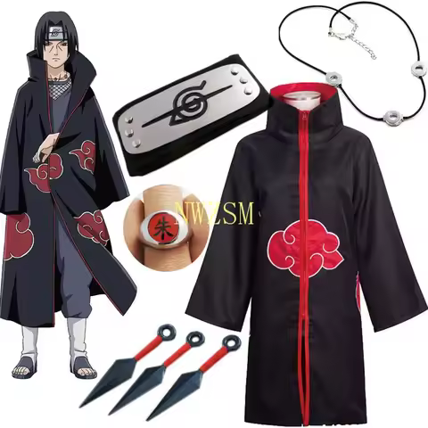 Kakashi Cosplay Costume Akatsuki Cloak Uchiha Itachi Sharingan Headband Necklace Ring Kunai Pain Hal