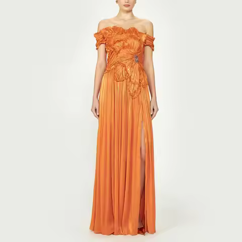 Customized Off-shoulder Georgette Prom Dresses for Women Pleated A Line فساتين سهرة with Slit Ruchin