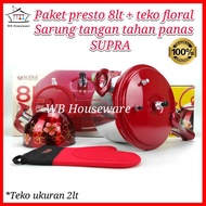 MERAH 8lt pressure cooker + 2lt floral teapot + SUPRA heat resistant gloves - red