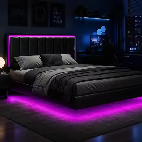 IMMERSTABLE Queen Size loating Bed e with LED Lights, Upholstered Platorm Bed with board, 11 in Stor