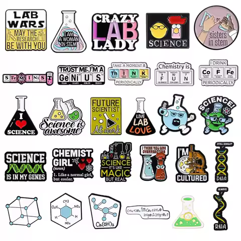 Cartoon Science Brooch Test Tube Women In Stem Periodic Table Microscope Molecular Equation DNA Chai
