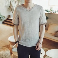 kemeja kapas dan linen musim panas tanah lelaki t-shirt lengan pendek V-leher tanpa lengan berkolar 