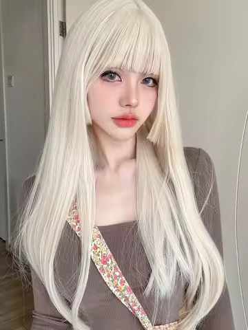 26Inch Blonde Platinum Golden Synthetic Wigs With Bang Long Natural Straight Hair Wig for Women Hime