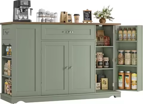 47" W Kitchen Island Cart with Storage, Rolling Island Table, Green | Mobile Kitchen Storage Islands