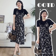 40-90kg孕妇夏装时尚假两件碎花孕妇连衣裙潮妈宽松中长款孕妇裙夏天裙子Pregnant women suit pulssize oversize fat set