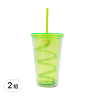 Skater 彎曲吸管塑膠水杯 附蓋  綠色  2組