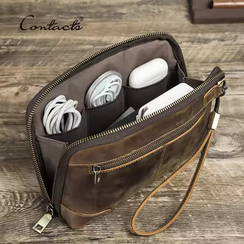 CONTACT'S Men Travel Clutch Bag Genuine Leather Clutch Wallet Handbag Purse Casual Charge Cable Orga