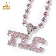 THE BLING KING Custom Baguette Name Pendant With Pink CZ Heart Tennis Chain Iced Out Personalized Name Necklace Hiphop Jewelry