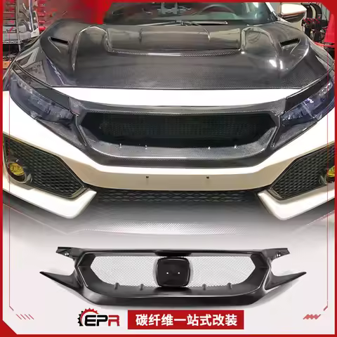 For Honda Civic FK7 FK8 JS Style Carbon Fiber Front Bumper Grille Ghost Face Mask Large Air Intake G