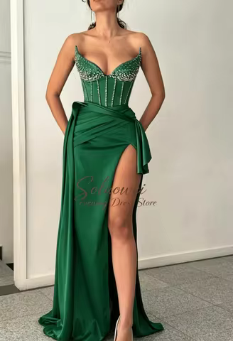 Customized Strapless Sleeveless Prom Dresse Fashion Glitter Side Slit Floo Length Trailing Party Dre