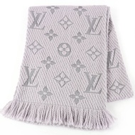 極佳狀態☆LOUIS VUITTONM74742 Echarpe Logomania 羊毛絲綢灰色珍珠流蘇圍巾，帶盒子，意大利製造，正品，女士。