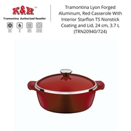 Tramontina Lyon Forged Aluminum,Red Casserole With Interior StarflonT5 Nonstick Coating and Lid, 24 