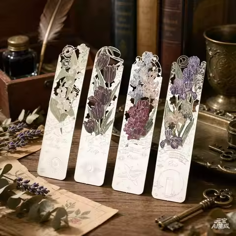 Vintage Romantic Flower Metal Bookmark Tulip Lily Violet Iris Botanical Garden Theme Hollow Floral B
