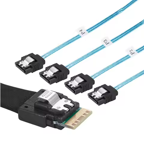 Mini Slim Line SAS 4.0 SFF-8654 4i 38pin Host to 4 SATA 3.0 7pin Target Hard Disk Fanout Raid Cable