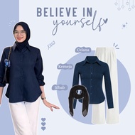KEMEJA One Set 3in1 Blue Series Trendy | Coffee Coffee | Aesthetic Outfit | Shirt + Pants + Hijab - 