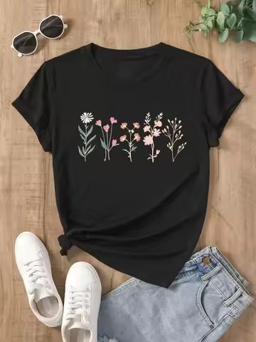 All Kinds Of Beautiful Flowers Print Short Sleeve Loose Sport Woman T-Shirt Cosy Breathable Tops Eas