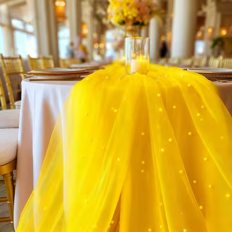 One elegant yellow pearl tulle tablecloth, suitable for wedding tables and dessert tables, perfect f