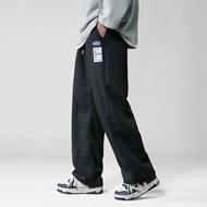 Jies Waffle Straight Drawstring Long Pants 华夫格男女通用宽松裤韩式简约休闲 - Black K0114